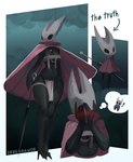absurd_res ambiguous_gender anthro arthropod black_body black_eyes blush bottomwear breasts chest_wraps cloak clothing covering covering_face ebbedrawin embarrassed female hi_res hollow_knight hornet_(hollow_knight) insect loincloth non-mammal_breasts on_model sewing_needle solo team_cherry the_knight_(hollow_knight) the_truth weapon wraps