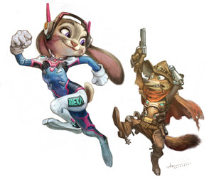 anthro clothed clothing cosplay crossover_cosplay duo electronics female flat_chested gun handgun headgear headphones headset holding_object holding_weapon long_ears looking_back male ranged_weapon revolver running scut_tail short_tail simple_background tail weapon white_background jh_stonehouse blizzard_entertainment disney overwatch zootopia judy_hopps nick_wilde canid canine european_rabbit fox lagomorph leporid mammal oryctolagus rabbit red_fox true_fox 2016 crossover hi_res