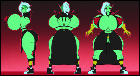 asymmetrical_hair back_muscles big_breasts big_butt black_clothing black_dress breasts butt cleavage clothed clothing curvy_figure dress female footwear freckled_back freckled_breasts freckled_butt freckled_chest freckled_face freckled_legs freckled_thighs freckles gloves gradient_background green_body green_skin hair handwear hourglass_figure huge_breasts huge_butt huge_hips huge_thighs hyper hyper_breasts hyper_hips muscular muscular_female nipple_outline not_furry ponytail red_background red_eyes shoes sidecut simple_background solo standing thick_thighs vein veiny_breasts white_hair wide_hips yellow_clothing yellow_gloves yellow_handwear nolollygagging disney wander_over_yonder lord_dominator alien humanoid hi_res model_sheet