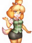 accessory anthro blonde_hair breasts clothing female fur hair hair_accessory open_mouth open_smile simple_background smile solo fumio936 animal_crossing nintendo isabelle_(animal_crossing) canid canine canis domestic_dog mammal shih_tzu toy_dog 3:4