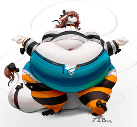 accessory anthro belly belt big_belly biped bottomwear clothed clothing female front_view furgonomics hair legwear looking_at_viewer multicolored_clothing navel obese obese_anthro obese_female open_belt overweight overweight_anthro overweight_female pants partially_clothed pattern_clothing ribbons solo standing stockings striped_clothing stripes tail tail_accessory tail_ribbon thick_tail torn_bottomwear torn_clothing torn_legwear torn_pants miluinaoxie mythology dragon mythological_creature mythological_scalie scalie 2024 digital_media_(artwork) hi_res shaded