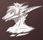 anthro brown_background fangs fur glowing glowing_eyes hair long_ears male pink_nose red_eyes short_hair simple_background solo teeth white_body white_fur white_hair hitmore mammal murid murine rat rodent bust_portrait portrait