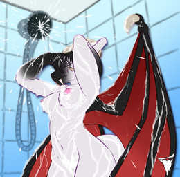 anthro barely_visible_genitalia barely_visible_vulva bathing black_hair breasts claws curled_horn detailed_background eyes_closed fangs female front_view genitals gloves_(marking) hair hand_behind_head hand_in_hair horn inside markings membrane_(anatomy) membranous_wings navel nipples nude sabertooth_(anatomy) shower shower_head showering solo standing teeth three-quarter_view tile tile_wall touching_hair vulva wall_(structure) water wet wing_claws wings bmbrigand bovid caprine demon goat hybrid mammal 2023 hi_res