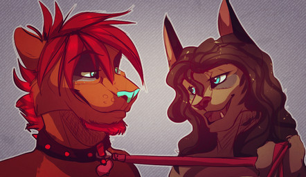 anthro collar dominant dominant_male duo fangs holding_leash holding_object leash leash_pull male male/male nude open_mouth smile submissive submissive_male teeth l-i-t-t-l-e_f-i-r-e canid canine felid mammal