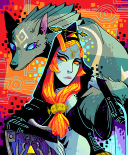 abstract_background ambiguous_feral ambiguous_gender blue_eyes cape clothed clothing duo facial_markings female feral forehead_markings fur gold_(metal) gold_jewelry hair head_markings hylian_shield jewelry male markings orange_hair princess royalty shield koolaid-girl nintendo the_legend_of_zelda twilight_princess link_(wolf_form) midna_(true_form) canid canine canis humanoid mammal twili wolf 2016 digital_media_(artwork) hi_res microsoft_paint_(artwork)