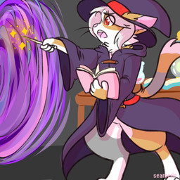 ambiguous_anthro ambiguous_gender anthro barefoot book clothing featureless_crotch feet fur grey_body grey_fur hair hat headgear headwear holding_book holding_object holding_wand magic_user open_mouth orange_body orange_fur pink_nose red_eyes solo wand whiskers white_body white_fur white_hair witch_hat bunnibeatz arcanis_(hahaluckyme) calico_cat domestic_cat felid feline felis mammal 1:1 2018 absurd_res digital_drawing_(artwork) digital_media_(artwork) hi_res