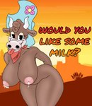 bodily_fluids breasts cowboy female lactating nipples solo text unknown_artist cuphead_(game) esther_winchester_(cuphead) animal_humanoid bovid bovid_humanoid bovine cattle humanoid mammal mammal_humanoid english_text hi_res