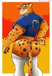 athletic athletic_wear big_butt butt clothing facial_hair jockstrap long_socks looking_at_viewer looking_back male mustache purring solo text underwear maychin emilio_(maychin) cheetah felid feline mammal hi_res url