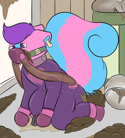 ambiguous_gender anthro bdsm bodily_fluids bondage bound clothed clothing collar diaper ear_piercing ear_tag eating_feces feces feces_in_mouth genital_fluids handwear hosesuit latex messy mittens peeing piercing scatplay smelly soiling solo tight_clothing urine yourfurnovo diaperpoodleco finley_(mooneypup) equid equine horse hybrid mammal mephitid skunk hi_res