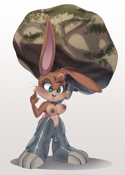 anthro areola big_breasts big_ears black_nose blush breasts brown_areola brown_body brown_fur brown_nipples buckteeth cheek_tuft crotch_tuft eyelashes facial_tuft female front_view fur genitals green_eyes grey_background head_tuft holding_object holding_rock long_ears nipples nude one_ear_up open_mouth prosthetic prosthetic_arm prosthetic_leg prosthetic_limb simple_background solo tan_body tan_fur teeth thick_thighs tuft vulva whiskers wide_hips squish_(artist) sega sonic_the_hedgehog_(series) bunnie_rabbot lagomorph leporid mammal rabbit hi_res