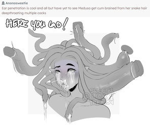 anthro biped bodily_fluids cum cum_from_eyes cum_from_mouth cum_from_nose cum_in_mouth cum_in_nose cum_inside disembodied_penis erection faceless_character faceless_male female genital_fluids genitals knotting living_hair male nude offscreen_male oral oral_knotting oral_penetration penetration penis pseudo_hair q&a sex snake_hair solo text sweetburn european_mythology greek_mythology mythology medusa reptile scalie snake 2024 artist_name english_text