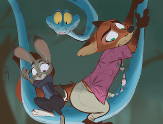 3_toes anthro barefoot blue_body blue_scales brown_body brown_fur clothed clothing countershade_feet countershading fangs feet female feral fur grey_body grey_fur group hiding looking_down male necktie orange_body orange_fur paws plant plantigrade rabbit_ears scales size_difference soles teeth toes tree trio white_body white_fur xx-junglebeatz-xx disney zootopia gary_de'snake judy_hopps nick_wilde canid canine european_rabbit fox lagomorph leporid mammal oryctolagus pit_viper rabbit red_fox reptile scalie snake true_fox viper hi_res