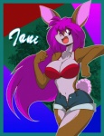 anthro bangs big_breasts bottomwear bra breasts brown_body brown_fur clothed clothing cotton_tail female fur hair huge_breasts open_mouth pink_hair purple_eyes purple_hair shorts smile solo underwear mastergodai tani_(vixenchan) lagomorph leporid mammal rabbit