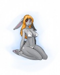 big_eyes bikini breasts clothed clothing female looking_at_viewer red_eyes simple_background sitting skimpy solo swimwear two-piece_swimsuit white_background ffuffle lagomorph leporid mammal rabbit hi_res