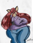 2010 big_breasts bottomwear breasts canid canine clothing curvy_figure denim denim_bottomwear denim_clothing dutch_(artist) female fox fur hair jeans mammal markings mole_(marking) multicolored_body multicolored_fur pants red_body red_fur red_hair ruby_(deonwolf) shirt solo teeth thick_thighs topwear traditional_media_(artwork) two_tone_body two_tone_fur voluptuous wide_hips