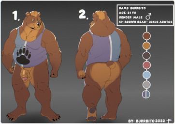 anthro big_butt border bottomless butt butt_focus clothed clothing flaccid foreskin genitals humanoid_genitalia humanoid_penis male musclegut muscular muscular_male partially_retracted_foreskin paws penis slightly_chubby solo text thick_thighs white_border burrbito bear mammal 2022 absurd_res english_text hi_res model_sheet source_request