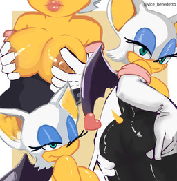 anthro areola armwear bat_wings big_breasts big_butt black_bodysuit black_clothing black_nose black_skinsuit blue_eyeshadow bodysuit border breasts brown_areola brown_background brown_nipples butt clothed clothing elbow_gloves eyelashes eyeshadow female front_view fur gloves green_eyes handwear heart_symbol holding_breast holding_butt lipstick looking_at_viewer looking_back looking_back_at_viewer makeup membrane_(anatomy) membranous_wings nipples one_eye_closed orange_body orange_fur pink_lipstick purple_wings rear_view simple_background skinsuit solo thick_thighs tight_clothing topless white_body white_border white_clothing white_fur white_gloves white_handwear wide_hips wings wink winking_at_viewer vice_benedetto sega sonic_the_hedgehog_(series) rouge_the_bat bat mammal absurd_res hi_res