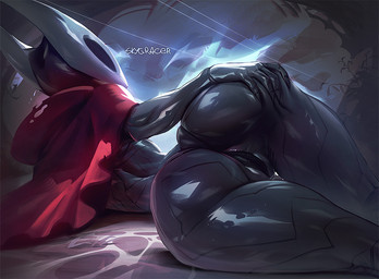 anthro black_body bottomless butt claws cloak clothed clothing curvy_figure female finger_claws genitals glistening glistening_body glistening_butt hand_on_butt horn lying mostly_nude on_side presenting presenting_hindquarters rear_view red_cloak red_clothing red_vulva segmented_body small_waist solo spread_butt spreading thigh_gap vulva skygracer hollow_knight_(franchise) team_cherry hornet_(hollow_knight) arthropod insect 2026 digital_media_(artwork) signature