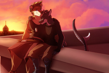 anthro blue_stripes bottomwear brown_body brown_fur city clothed clothing cuddling detailed_background dog_tags duo ear_piercing eyes_closed facial_piercing fish_tail fur grey_body grey_skin hair half-closed_eyes happy hoodie inner_ear_fluff lip_piercing male male/male membrane_(anatomy) multicolored_body multicolored_fur multicolored_skin narrowed_eyes non-mammal_ears non-mammal_hair on_roof outside piercing romantic romantic_ambiance romantic_couple rooftop shirt shorts sitting sky smile snakebite_piercing striped_body striped_fur striped_skin stripes sunset tan_body tan_fur tank_top topwear tuft webbed_hands white_body white_skin firekeeper77 dezo kyo_(kiasano) ziggy_(dezo) aquatic canid canine canis domestic_dog fish hybrid mammal mustelid otter shark 2016 digital_media_(artwork)