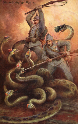 5_fingers ambiguous_gender armor austria austria-hungary black_hair brown_hair clothing cross facial_hair feral fight fingers forked_tongue german germany green_body group gun hair hat headgear headwear helmet holding_gun holding_object holding_ranged_weapon holding_rifle holding_weapon hungary iron_cross italy japan japanese japanese_flag male medal military military_cap military_helmet military_jacket military_uniform montenegrin_flag montenegro multi_head mustache open_mouth pickelhaube propaganda propaganda_poster ranged_weapon rifle rifle_sling rising_sun rising_sun_flag romania romanian_flag russia russian russian_empire serbia serbian sharp_teeth teeth teeth_showing text tongue uniform violence war weapon world_war world_war_1 postkartenverlag european_mythology greek_mythology mythology human hydra mammal reptile scalie snake 1916 20th_century ancient_art german_text hi_res