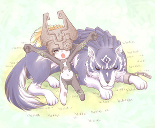 clothing duo female feral fused_shadow headgear headwear male male/female open_mouth sleeping stretching yawn unknown_artist nintendo the_legend_of_zelda twilight_princess link_(wolf_form) midna canid canine canis humanoid imp mammal wolf digital_media_(artwork)