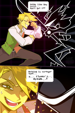 2_horns 4_fingers 5_fingers ambiguous_anthro ambiguous_gender anthro bangs biped black_body black_eyes blocking blonde_hair bodily_fluids clashing clothed clothed_humanoid clothed_male clothing dialogue exclamation_point eyebrows eyelashes fingers flower fully_clothed fully_clothed_humanoid fully_clothed_male hair holding_melee_weapon holding_object holding_sword holding_weapon horn imminent_death knight male melee_weapon one_eye_closed open_mouth plant reaction_shot smile smiling_at_another speech_bubble spoiler sweat sweatdrop sword talking_to_another text visor_eyes warrior weapon yellow_body whatahero deltarune undertale_(series) flowery_(deltarune) roaring_knight elemental_creature flora_fauna flower_creature humanoid seven_flowers 2026 2:3 absurd_res colored detailed digital_drawing_(artwork) digital_media_(artwork) english_text headshot_portrait hi_res portrait shaded three-quarter_portrait