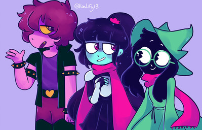 anthro black_body black_fur clothed clothing crossgender eyewear female ftm_crossgender fur glasses group hair hat headgear headwear male mtf_crossgender scarf simple_background smile koalify13 deltarune undertale_(series) kris_dreemurr ralsei susie_(deltarune) bovid caprine darkner goat human mammal reptile scalie 2019 digital_media_(artwork) source_request unavailable_at_source