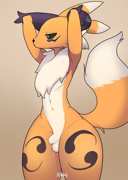 animal_genitalia anthro arm_warmers armwear armwear_only balls black_sclera blue_eyes bridal_gauntlets bridal_gauntlets_only brown_background clothing dipstick_tail flaccid front_view fully_sheathed genitals gradient_background hand_behind_head looking_aside male markings mostly_nude neck_tuft penis sheath simple_background solo standing tail tail_markings text thick_thighs tuft ra4s bandai_namco digimon digimon_(species) renamon 2016 absurd_res artist_name hi_res signature