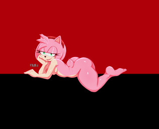 accessory anthro areola big_butt black_background black_nose breasts butt eyelashes feet female fur green_eyes hair hair_accessory hairband head_tuft looking_at_viewer lying nipples nude on_front pink_areola pink_body pink_fur pink_hair pink_nipples red_background short_hair side_view simple_background small_breasts smile solo tan_body tan_fur thick_thighs tuft wide_hips 1lastshadow1 sega sonic_the_hedgehog_(series) amy_rose eulipotyphlan hedgehog mammal hi_res