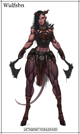 armor axe blood bodily_fluids breasts broken_horn cleavage clothed clothing female hooves horn melee_weapon piercing solo text unconvincing_armor weapon lucien wulfshn demon humanoid kazdruk absurd_res english_text hi_res