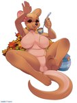 2024 4_toes absurd_res anthro big_breasts blush breasts brown_body brown_fur container disney eyelashes featureless_crotch feet female food fur hi_res honey_(food) jar kanga kangaroo kitchen_utensils ladle leaf looking_at_viewer macropod mammal marsupial mature_female nude paws raised_arm reclining simple_background smile soles solo toes tools tsampikos white_background winnie_the_pooh_(franchise)