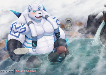 anthro genitals hot_spring male moobs muscular nipples onsen penis water primodrago league_of_legends riot_games tencent volibear bear mammal hi_res