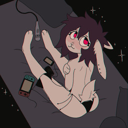 :3 anthro bed black_background black_bra black_clothing black_panties black_underwear blush bra butt cellphone clothed clothing ear_piercing electronics eyelashes female fur furniture hair high-angle_view looking_up messy_hair panties panties_only phone piercing purple_hair red_eyes sex_toy short_hair simple_background slim_anthro slim_female smartphone smile solo sparkles thong topless underwear underwear_only vibrator wand_vibrator white_body white_fur crischar_foxito monster_energy nintendo nintendo_switch alexa_(crischar_foxito) lagomorph leporid mammal rabbit 1:1 2025 absurd_res digital_drawing_(artwork) digital_media_(artwork) hi_res