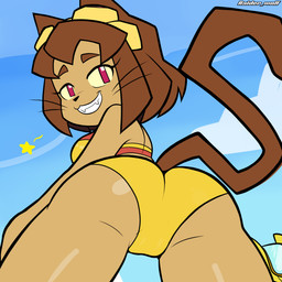 anthro arm_on_leg brown_eyebrows brown_hair brown_tail butt clothing cloud eyebrows female female_anthro hair looking_at_viewer looking_back looking_down perspective_shot smile smiling_at_viewer solo swimwear tail whiskers blackmore gameoverse glitch_productions kit_bodega domestic_cat felid feline felis mammal 1:1 2026 absurd_res hi_res signature