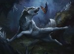 ambiguous_gender claws detailed_background digitigrade duo fangs feral finger_claws fur grass grey_body grey_fur inner_ear_fluff membrane_(anatomy) membranous_wings moss night open_mouth outside plant quadruped teeth toe_claws tuft wings alradeck conditional_dnp hasbro magic:_the_gathering wizards_of_the_coast bat canid canine canis mammal wolf 2021 digital_media_(artwork) official_art shaded