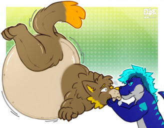 air_inflation anthro balloon belly belly_inflation big_belly blue_body blue_markings blue_sclera blush blush_lines border brown_body dipstick_tail dotted_background duo glistening glistening_body green_background huge_belly humanoid_hands hyper hyper_belly hyper_inflation inflatable inflation markings orange_body orange_tail_tip pattern_background simple_background spades_(marking) tail tail_markings tan_body white_border yellow_inner_ear eliaslynxie animate_inanimate canid canine canis coyote dinosaur dromaeosaurid living_balloon living_inflatable mammal prehistoric_species reptile saurischian scalie theropod 2026 digital_drawing_(artwork) digital_media_(artwork) english_description hi_res