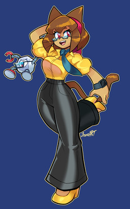 accessory anthro bottomwear breasts brown_body brown_hair clock clothing duo eyebrows eyelashes eyewear female glasses hair headgear headkerchief headwear kerchief machine male necktie open_mouth open_smile pants red_eyes secretary shirt smile topwear watch whiskers wristwatch jamoart gameoverse glitch_productions kaboodle_(gameoverse) kit_bodega domestic_cat felid feline felis mammal robot 2026 absurd_res hi_res