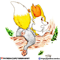 3_toes animal_genitalia animal_vulva anus butt canine_genitalia canine_vulva feet female fur genitals looking_back lying on_side orange_eyes patreon_username pawpads pink_pawpads pink_vulva plant presenting presenting_hindquarters raised_tail shy smile smiling_at_viewer solo tail text toes tree vulva yellow_body yellow_fur yordraw nintendo patreon pokemon braixen canid canine generation_6_pokemon mammal pokemon_(species) 1:1 hi_res painting_(artwork) traditional_media_(artwork) traditional_painting_(artwork) url