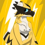 abstract_background anthro areola blue_eyes blush breasts female female_anthro fur looking_aside navel nipples nude nude_anthro shy simple_background smile solo timid winged_arms wings yellow_body yellow_fur sacreddigital palworld pocketpair avian beakon pal_(species) half-length_portrait hi_res portrait restricted_palette