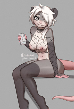 anthro areola biped blush breasts clothed clothing collar ear_piercing eyelashes female fingers hair navel nipples piercing pupils sitting skimpy smile solo tail lentilghost american_opossum mammal marsupial hi_res