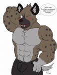 abs anthro biceps black_bottomwear black_clothing black_pants blush bodily_fluids bottomwear brown_body bulge clothed clothing dialogue male muscular muscular_male pants pecs solo sweat text topless caseyljones aggretsuko sanrio haida_(aggretsuko) hyena mammal spotted_hyena english_text