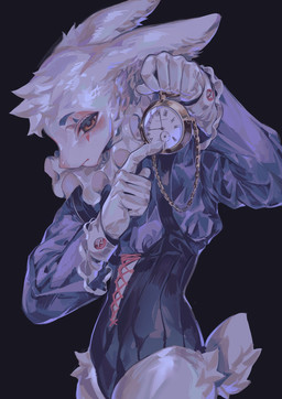anthro black_background bunny_costume clock clothing costume femboy fur looking_at_viewer male pocketwatch simple_background solo watch white_body white_fur magic_dream00 white_rabbit_pointing_at_clock_(meme) lagomorph leporid mammal rabbit hi_res