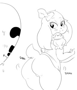 ?_face accessory anthro big_butt blush bodily_fluids bottomless bow_(feature) bow_accessory bow_ribbon butt clothed clothing duo eyeless female hair_accessory hair_bow hair_ribbon looking_back male rear_view ribbons shaking_butt smile sweat text punipuri cave_story anon chaco_(cave_story) human lagomorph mammal mimiga english_text monochrome