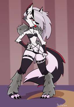 3_toes 4_fingers accessory anthro arm_tuft black_nose bra chain_jewelry cheek_tuft chest_tuft claws clothing clothing_pull collar ear_piercing ear_ring elbow_tuft eyebrow_piercing eyebrows eyelashes eyeshadow facial_piercing facial_tuft feet female fingerless_gloves fingers fluffy fluffy_tail fur garter gloves grey_body grey_fur grey_hair hair hand_on_hip handwear harness inner_ear_fluff knee_tuft leg_tuft leg_warmers legwear lingerie looking_at_viewer makeup narrowed_eyes notched_ear occult_symbol on_model panties pentagram pentagram_lingerie piercing pubes red_eyes ring_piercing smile solo spiked_collar spikes standing stockings style_emulation symbol tail thick_thighs toe_claws toes tongue tongue_out tuft underwear underwear_pull undressing white_body white_fur half_dime hellaverse helluva_boss mythology loona_(helluva_boss) canid canid_demon canine canis demon domestic_dog hellhound husky mammal mythological_canine mythological_creature nordic_sled_dog spitz wolf absurd_res hi_res