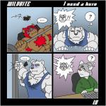 1:1 angry anthro bear biceps blush bodily_fluids body_hair chest_hair clothed clothing comic dialogue english_text facial_hair felid female fire frostbite_(rubberbuns) fur group humor lion male mammal muscular muscular_male pantherine pecs polar_bear rubberbuns sweat text topless ursine white_body white_fur wildfire_(rubberbuns)