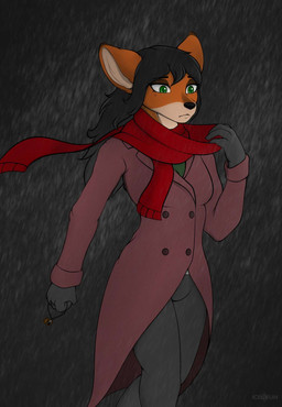 anthro black_hair bottomwear breasts clothed clothing coat female grey_bottomwear grey_clothing grey_pants hair locket long_hair pants raining red_clothing red_coat red_scarf red_topwear scarf solo text topwear trenchcoat walking iceukat canid canine canis dingo mammal 2023 artist_name hi_res portrait three-quarter_portrait