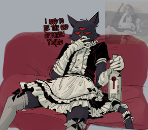 alcohol anthro beverage cigarette clothed clothing crossdressing furniture gloves gun handwear legwear maid_uniform male multi_eye ranged_weapon smoking smoking_cigarette sofa solo text thigh_highs uniform weapon aveloka cult_of_the_lamb massive_monster_(studio) narinder domestic_cat felid feline felis mammal english_text reference_image