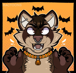 4_fingers ambiguous_feral ambiguous_gender anthro barbell_piercing black_border black_claws black_wings border brown_body brown_eyes brown_fur brown_hair brown_nose brown_pawpads brown_tongue cheek_tuft chest_tuft chin_piercing claws collar collar_only collar_tag dotted_background ear_piercing ear_ring eyebrow_piercing eyebrows facial_piercing facial_tuft feral finger_claws fingers flying fur furrowed_eyebrows group hair holidays light looking_at_viewer male male_anthro membrane_(anatomy) membranous_wings multicolored_body multicolored_fur nose_piercing nose_ring nude nude_anthro nude_male open_mouth open_smile orange_background orange_collar outline pattern_background pawpads piercing ring_piercing sharp_teeth short_hair simple_background smile smiling_at_viewer solo_focus tan_eyebrows teeth text tongue tuft whisker_spots white_inner_ear white_outline wings ractoons halloween bat mammal procyonid raccoon 2023 artist_name colored digital_drawing_(artwork) digital_media_(artwork) english_description hi_res lighting shaded simple_shading