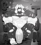 anthro big_muscles big_penis genitals huge_muscles huge_penis hyper hyper_genitalia hyper_muscles hyper_penis male muscular penis solo superhero superhero_costume text vein veiny_muscles veiny_penis khrunkisillegal gabriel_(parttimeyeen) bovid caprine goat mammal english_text greyscale hi_res monochrome