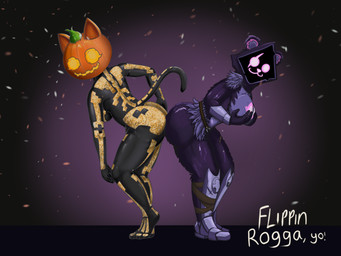 anthro butts_touching clothing duo feathers female female/female pose standing tail tight_clothing flippinrogga epic_games fortnite raven_team_leader spice_(fortnite) bear human mammal 4:3 hi_res